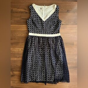 👗 Anne Klein Sleeveless Navy/Whit Print Midi Dress | Size 12 (see measurements)